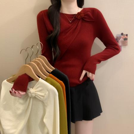 FA45888# 冬季新款法式立体花朵扭结设计感时尚气质温柔长袖针织衫 服裝批發女裝批發服飾貨源