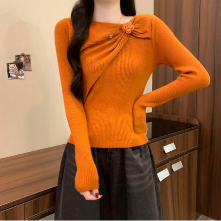 FA45888# 冬季新款法式立体花朵扭结设计感时尚气质温柔长袖针织衫 服裝批發女裝批發服飾貨源