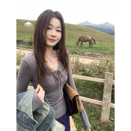 FA45889# EIA一尧甜心欧蕾纯欲气质上衣女秋新款设计感收腰V领长袖t恤 服裝批發女裝批發服飾貨源