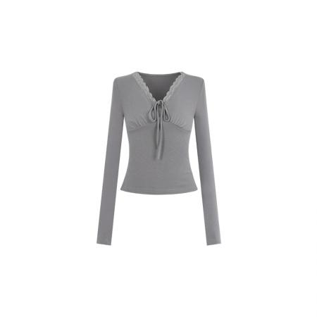 FA45889# EIA一尧甜心欧蕾纯欲气质上衣女秋新款设计感收腰V领长袖t恤 服裝批發女裝批發服飾貨源