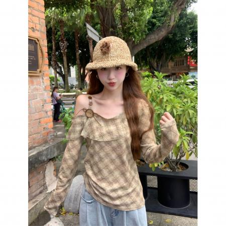 FA45891# 不规则荷叶边斜肩长袖T恤女秋季新款菱格辣妹风休闲修身上衣 服裝批發女裝批發服飾貨源