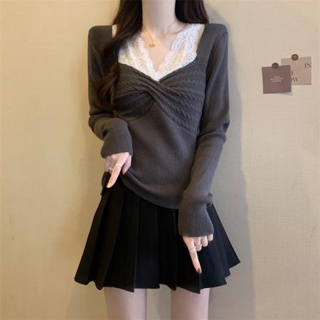 FA45893# 秋季新款甜美风V领蕾丝吊带拼接针织打底衫女短款毛衣 服裝批發女裝批發服飾貨源
