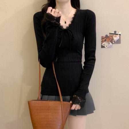 FA45894# 甜美风针织衫女秋季新款蕾丝边拼接蝴蝶结百搭修身上衣 服裝批發女裝批發服飾貨源