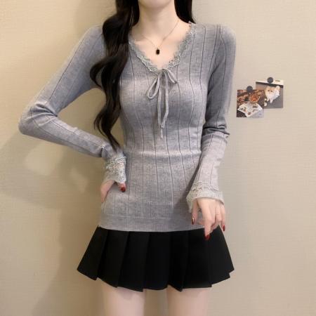 FA45894# 甜美风针织衫女秋季新款蕾丝边拼接蝴蝶结百搭修身上衣 服裝批發女裝批發服飾貨源