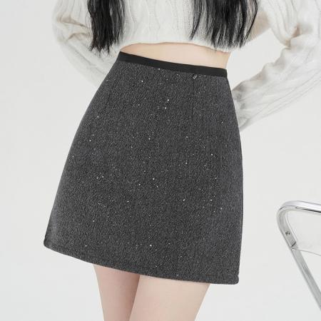 FA45896# 毛呢半身裙子亮片冬季新款a字短裙高腰小个子包臀爆款 服裝批發女裝批發服飾貨源