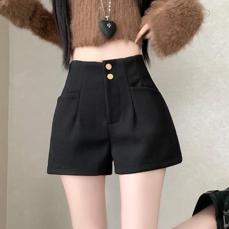 FA45897# 毛呢短裤女秋冬季新款外穿黑色高腰阔腿A字灰色显瘦靴裤 服裝批發女裝批發服飾貨源