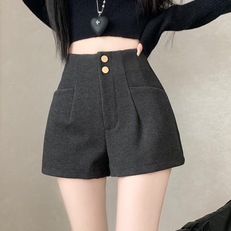 FA45897# 毛呢短裤女秋冬季新款外穿黑色高腰阔腿A字灰色显瘦靴裤 服裝批發女裝批發服飾貨源