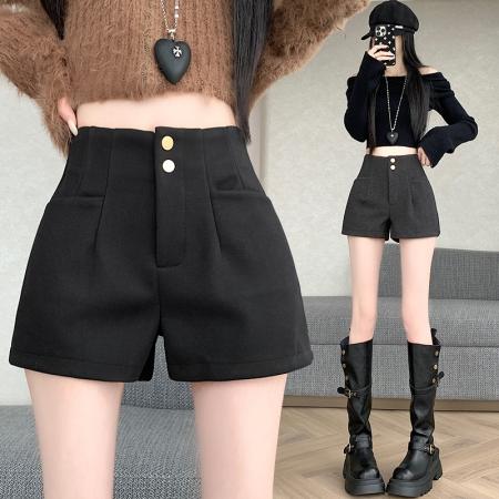 FA45897# 毛呢短裤女秋冬季新款外穿黑色高腰阔腿A字灰色显瘦靴裤 服裝批發女裝批發服飾貨源