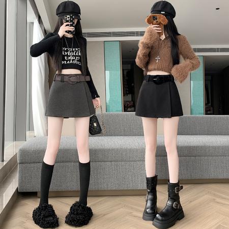 FA45898# 韩版秋季新款时髦洋气百搭显瘦纯色高级感配腰带半身裙短裙 服裝批發女裝批發服飾貨源