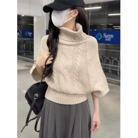 FA45899# 灰色麻花高领毛衣女秋冬蝙蝠袖短款韩系慵懒高级感针织上衣 服裝批發女裝批發服飾貨源