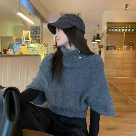 FA45899# 灰色麻花高领毛衣女秋冬蝙蝠袖短款韩系慵懒高级感针织上衣 服裝批發女裝批發服飾貨源