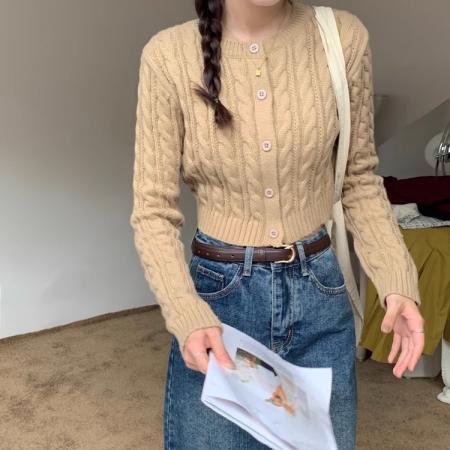 FA45900# 设计感长袖针织衫毛衣女秋冬短款圆领麻花开衫外套上衣百搭打底衫 服裝批發女裝批發服飾貨源