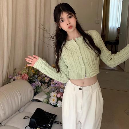 FA45900# 设计感长袖针织衫毛衣女秋冬短款圆领麻花开衫外套上衣百搭打底衫 服裝批發女裝批發服飾貨源