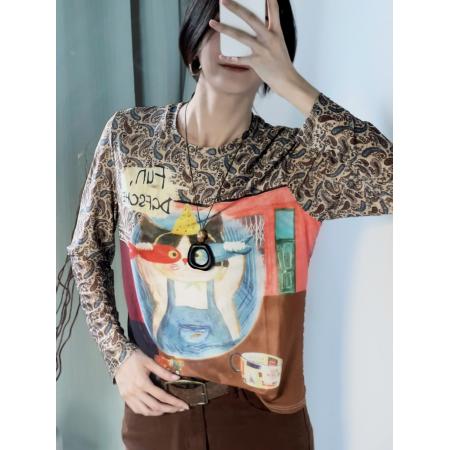 FA45901# 秋冬时尚洋气高弹双层网纱长袖印花圆领百搭上衣小衫女装 服裝批發女裝批發服飾貨源