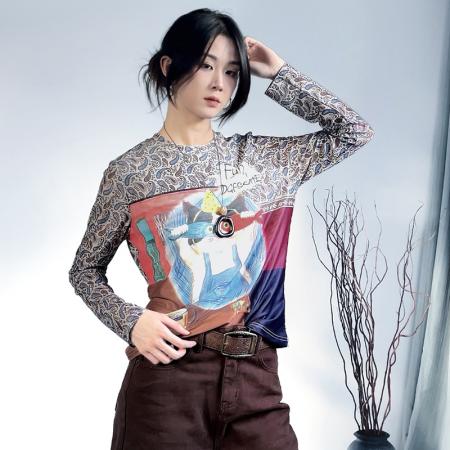 FA45901# 秋冬时尚洋气高弹双层网纱长袖印花圆领百搭上衣小衫女装 服裝批發女裝批發服飾貨源