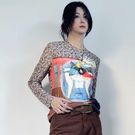 FA45901# 秋冬时尚洋气高弹双层网纱长袖印花圆领百搭上衣小衫女装 服裝批發女裝批發服飾貨源