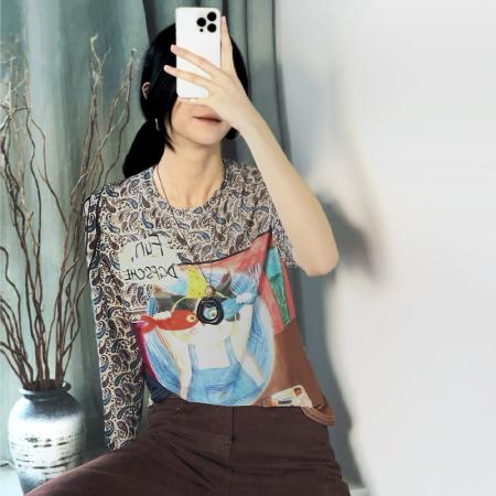 FA45901# 秋冬时尚洋气高弹双层网纱长袖印花圆领百搭上衣小衫女装 服裝批發女裝批發服飾貨源