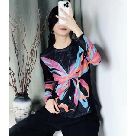 FA45902# 秋冬时尚洋气高弹双层网纱长袖印花圆领百搭上衣小衫女装 服裝批發女裝批發服飾貨源