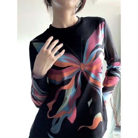 FA45902# 秋冬时尚洋气高弹双层网纱长袖印花圆领百搭上衣小衫女装 服裝批發女裝批發服飾貨源