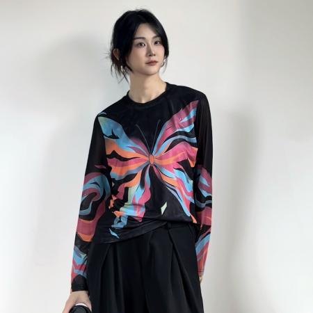 FA45902# 秋冬时尚洋气高弹双层网纱长袖印花圆领百搭上衣小衫女装 服裝批發女裝批發服飾貨源