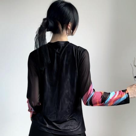 FA45902# 秋冬时尚洋气高弹双层网纱长袖印花圆领百搭上衣小衫女装 服裝批發女裝批發服飾貨源