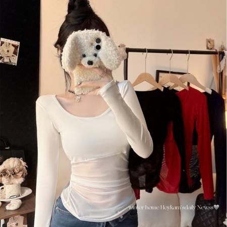 FA45903# ～辣妹网纱长袖t恤女设计感修身短款上衣 服裝批發女裝批發服飾貨源