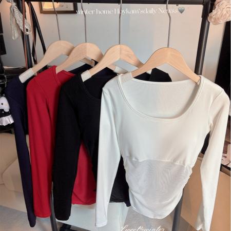 FA45903# ～辣妹网纱长袖t恤女设计感修身短款上衣 服裝批發女裝批發服飾貨源