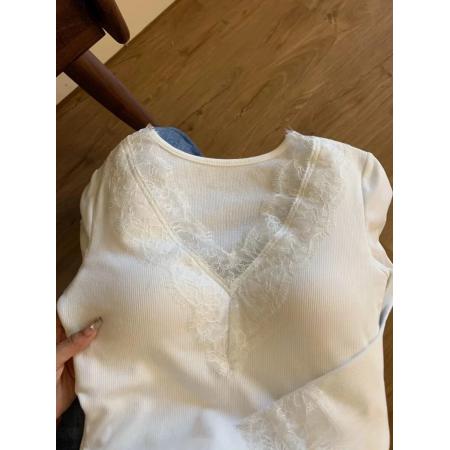 FA45906# 带胸垫秋冬纯欲蕾丝V领内搭打底衫女保暖长袖修身上衣 服裝批發女裝批發服飾貨源