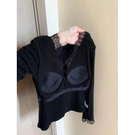 FA45906# 带胸垫秋冬纯欲蕾丝V领内搭打底衫女保暖长袖修身上衣 服裝批發女裝批發服飾貨源