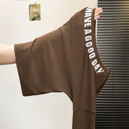 FA45910# 美式复古辣妹风斜肩长袖T恤女设计感字母印花修身上衣配丝巾 服裝批發女裝批發服飾貨源