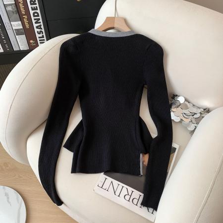 FA45911# 韩版复古独特别致v领修身长袖毛衣针织假两件开衫上衣女 服裝批發女裝批發服飾貨源