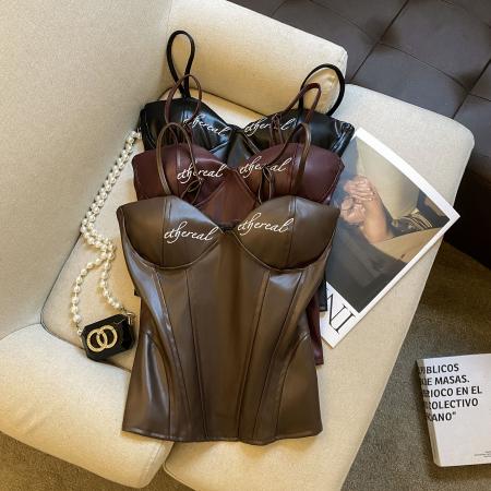 FA45912# 美式辣妹风个性潮酷PU皮显瘦抹胸背心酒红色收腰百搭上衣 服裝批發女裝批發服飾貨源