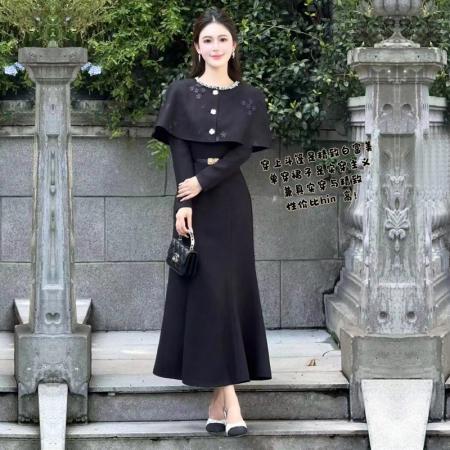 FA45924# 秋冬新款重工名媛气质斗蓬修假两件修身显瘦长袖打底连衣配腰带 服裝批發女裝批發服飾貨源