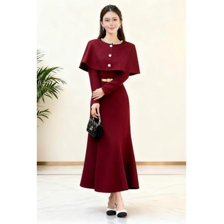 FA45924# 秋冬新款重工名媛气质斗蓬修假两件修身显瘦长袖打底连衣配腰带 服裝批發女裝批發服飾貨源