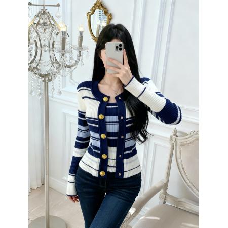 FA45925# 条纹轻盈修身内搭吊带+松弛外搭开衫套装 服裝批發女裝批發服飾貨源