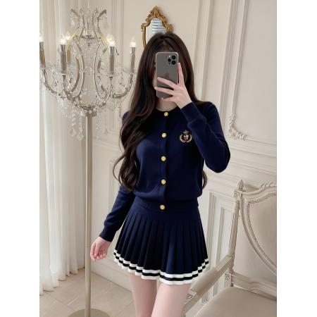 FA45926# 学院风套装女秋小个子长袖针织开衫外套百褶短裙两件套 服裝批發女裝批發服飾貨源