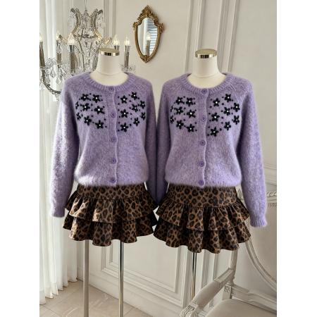 FA45928# 紫色圆领钩花针织开衫女秋冬宽松百搭软糯毛衣外套上衣 服裝批發女裝批發服飾貨源