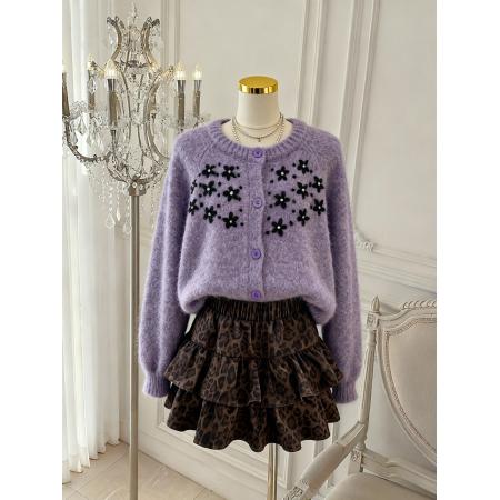 FA45928# 紫色圆领钩花针织开衫女秋冬宽松百搭软糯毛衣外套上衣 服裝批發女裝批發服飾貨源