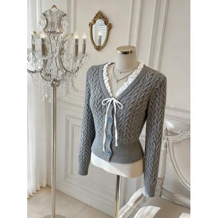 FA45930# 系带蝴蝶结V领长袖针织开衫女秋季新款高级感百搭毛衣 服裝批發女裝批發服飾貨源