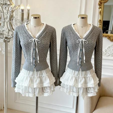 FA45930# 系带蝴蝶结V领长袖针织开衫女秋季新款高级感百搭毛衣 服裝批發女裝批發服飾貨源