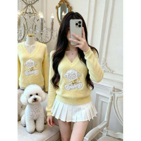 FA45932# 软糯奶黄色蝴蝶结v领毛衣女冬季加厚宽松水貂绒针织上衣 服裝批發女裝批發服飾貨源