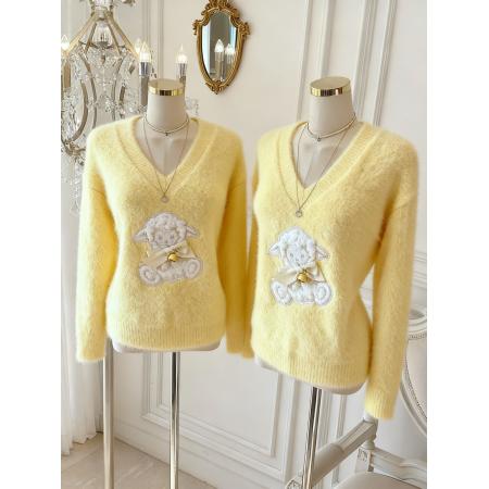 FA45932# 软糯奶黄色蝴蝶结v领毛衣女冬季加厚宽松水貂绒针织上衣 服裝批發女裝批發服飾貨源