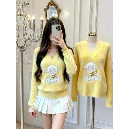 FA45932# 软糯奶黄色蝴蝶结v领毛衣女冬季加厚宽松水貂绒针织上衣 服裝批發女裝批發服飾貨源