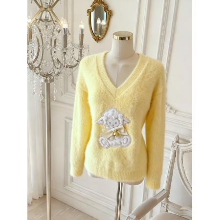FA45932# 软糯奶黄色蝴蝶结v领毛衣女冬季加厚宽松水貂绒针织上衣 服裝批發女裝批發服飾貨源
