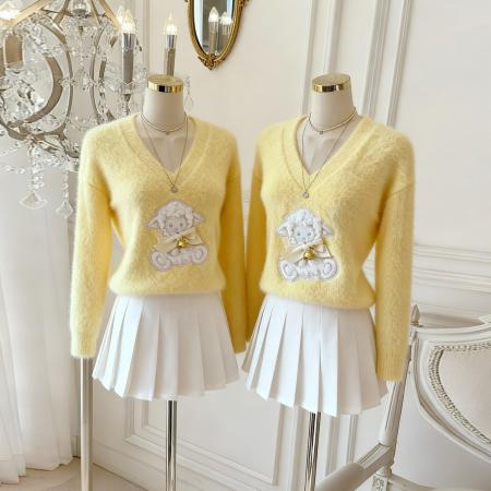 FA45932# 软糯奶黄色蝴蝶结v领毛衣女冬季加厚宽松水貂绒针织上衣 服裝批發女裝批發服飾貨源
