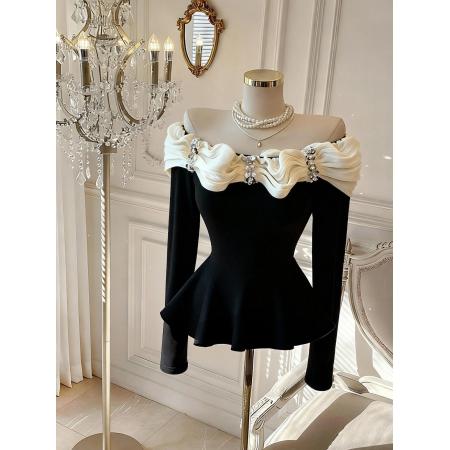 FA45933# 小香风荷叶边长袖t恤女秋冬纯欲一字肩上衣绝美打底衫内搭 服裝批發女裝批發服飾貨源