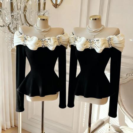 FA45933# 小香风荷叶边长袖t恤女秋冬纯欲一字肩上衣绝美打底衫内搭 服裝批發女裝批發服飾貨源