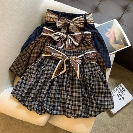 FA45934# 韩系复古减龄格纹百搭花苞裙女秋季新款高腰显瘦短裙配丝巾 服裝批發女裝批發服飾貨源