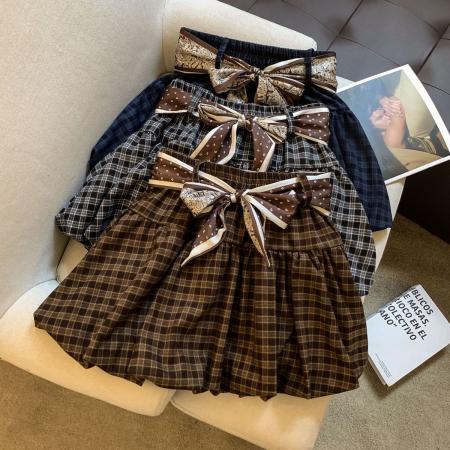 FA45934# 韩系复古减龄格纹百搭花苞裙女秋季新款高腰显瘦短裙配丝巾 服裝批發女裝批發服飾貨源