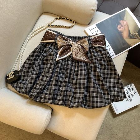 FA45934# 韩系复古减龄格纹百搭花苞裙女秋季新款高腰显瘦短裙配丝巾 服裝批發女裝批發服飾貨源